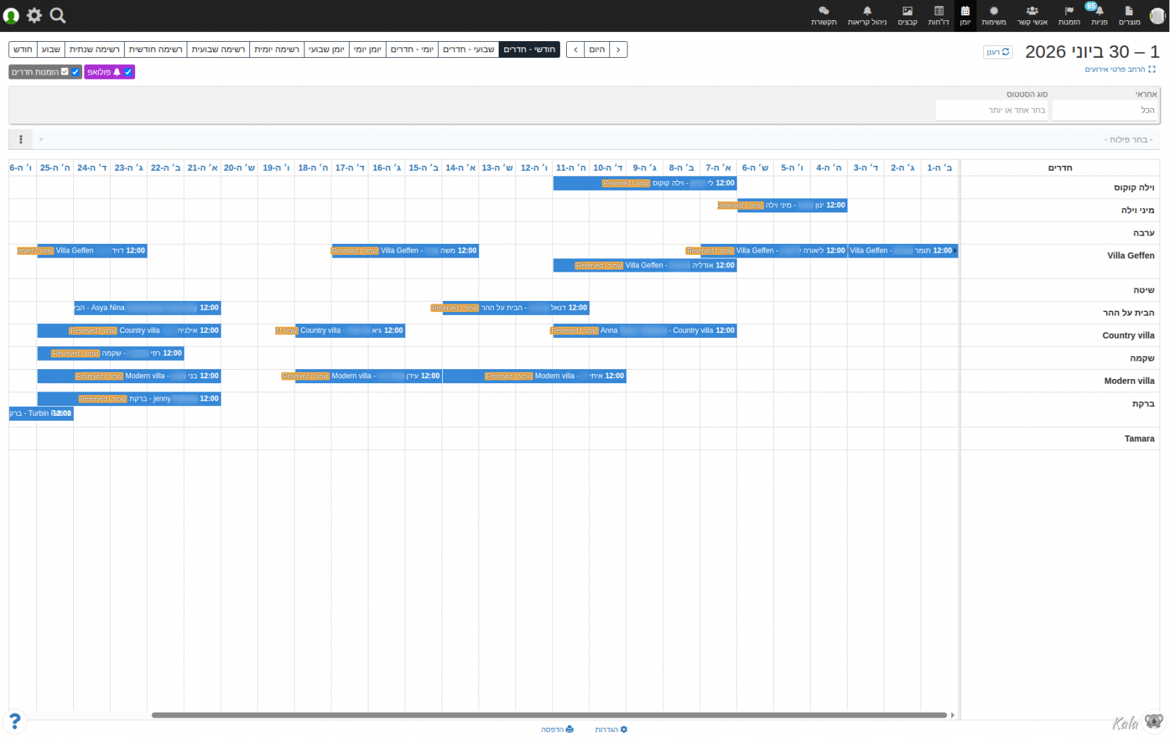 יומן בתצוגה חודשית בחלוקה לחדרים